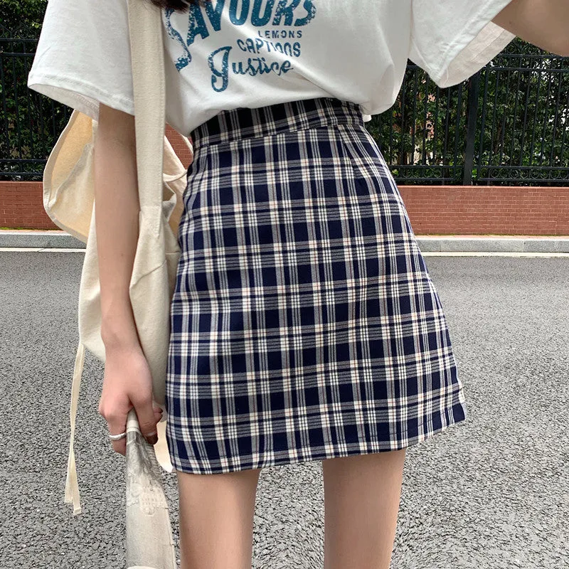 Korean Popular bmChequered A-Line Skirt Women Summer All-Matching High Waist Slim Look French Elegant Skirt