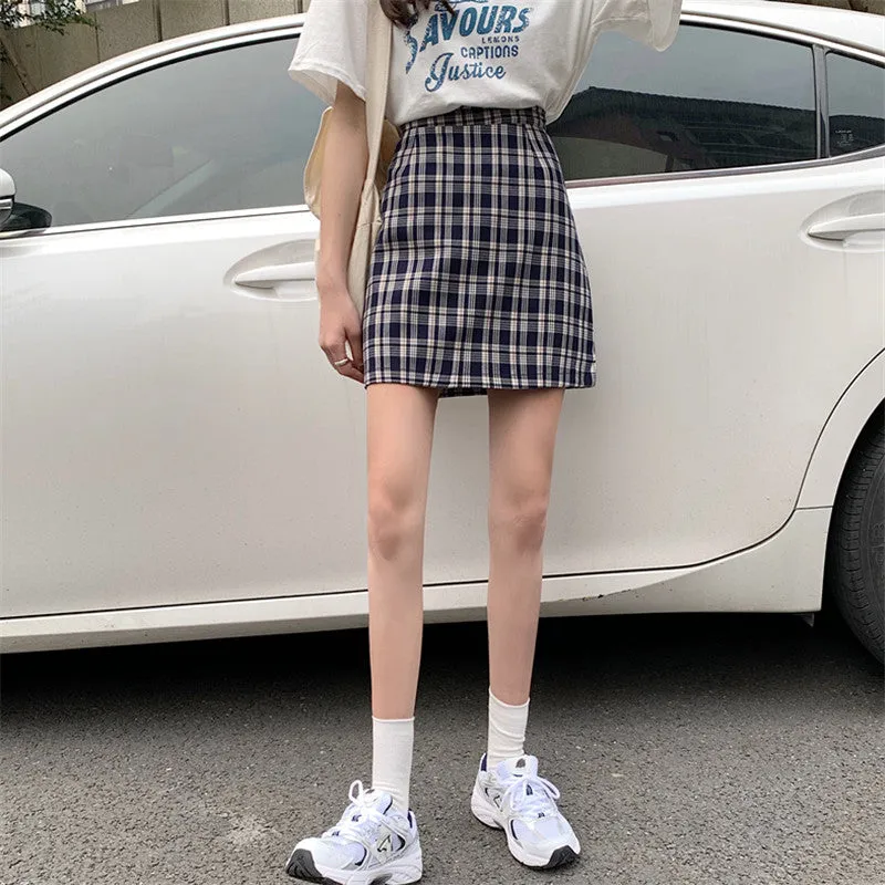 Korean Popular bmChequered A-Line Skirt Women Summer All-Matching High Waist Slim Look French Elegant Skirt