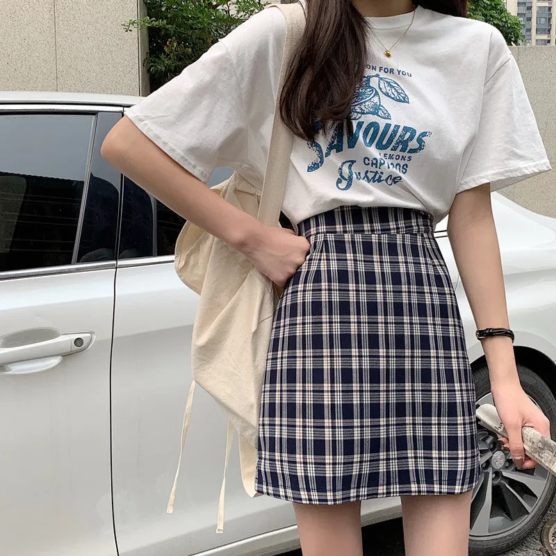 Korean Popular bmChequered A-Line Skirt Women Summer All-Matching High Waist Slim Look French Elegant Skirt