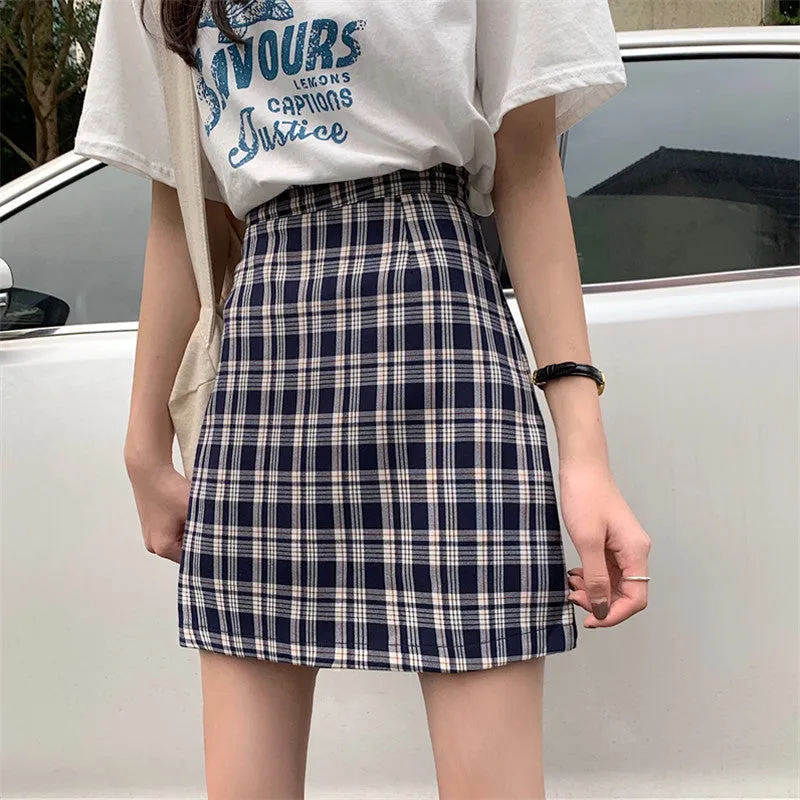 Korean Popular bmChequered A-Line Skirt Women Summer All-Matching High Waist Slim Look French Elegant Skirt