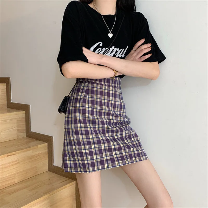 Korean Popular bmChequered A-Line Skirt Women Summer All-Matching High Waist Slim Look French Elegant Skirt