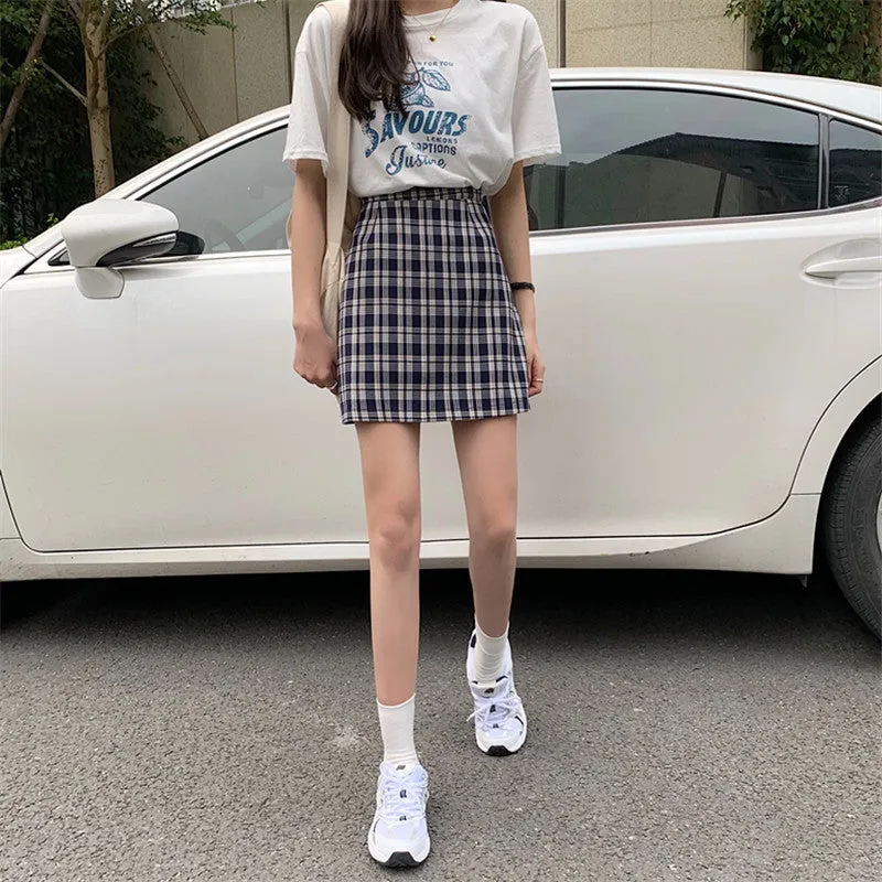 Korean Popular bmChequered A-Line Skirt Women Summer All-Matching High Waist Slim Look French Elegant Skirt