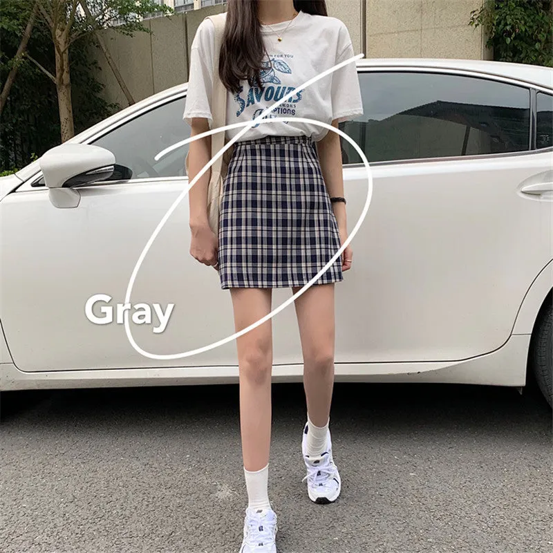 Korean Popular bmChequered A-Line Skirt Women Summer All-Matching High Waist Slim Look French Elegant Skirt
