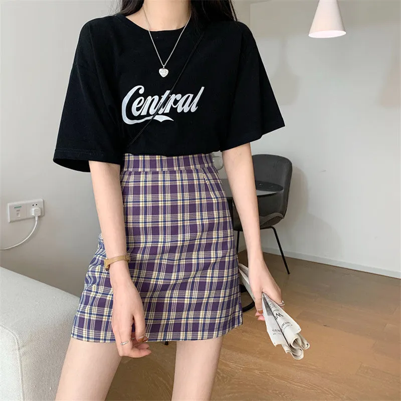 Korean Popular bmChequered A-Line Skirt Women Summer All-Matching High Waist Slim Look French Elegant Skirt
