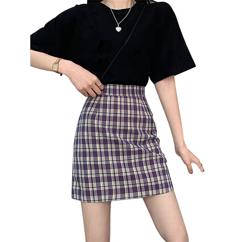 Korean Popular bmChequered A-Line Skirt Women Summer All-Matching High Waist Slim Look French Elegant Skirt