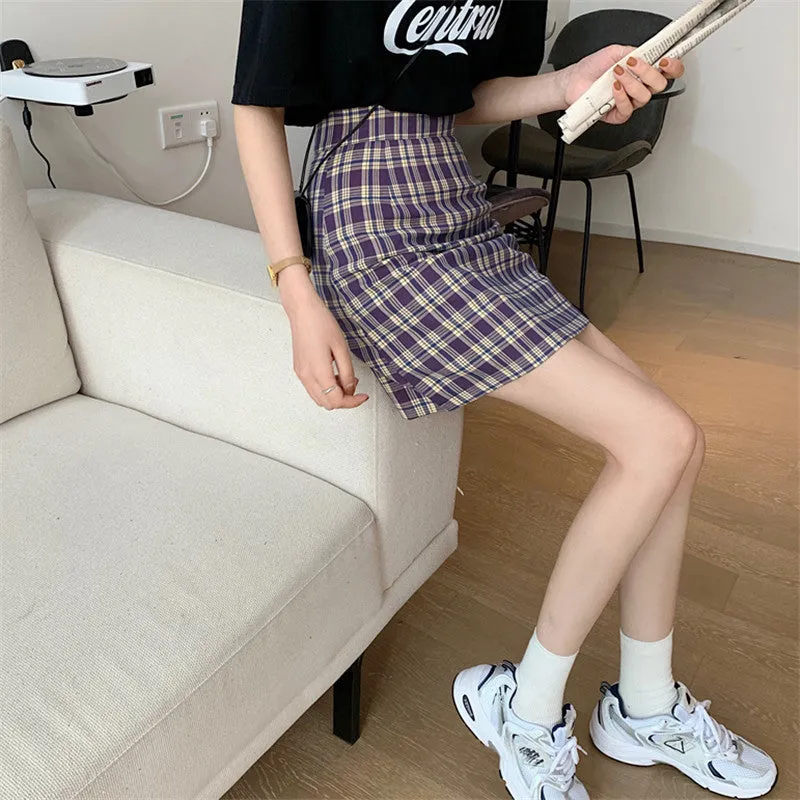 Korean Popular bmChequered A-Line Skirt Women Summer All-Matching High Waist Slim Look French Elegant Skirt