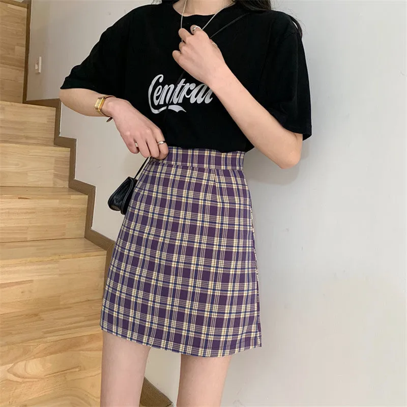 Korean Popular bmChequered A-Line Skirt Women Summer All-Matching High Waist Slim Look French Elegant Skirt