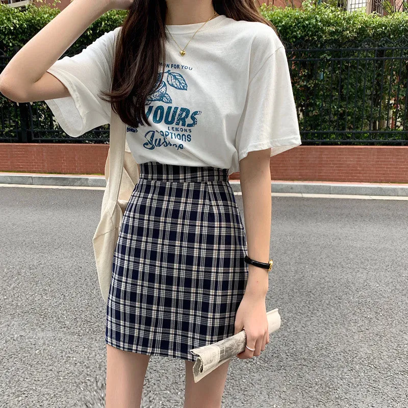 Korean Popular bmChequered A-Line Skirt Women Summer All-Matching High Waist Slim Look French Elegant Skirt