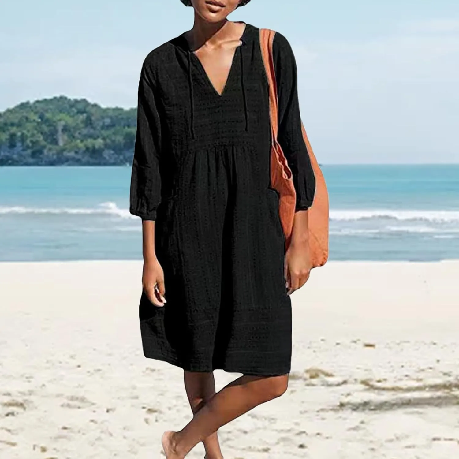 Kubbon Linen Dress Women 3/4 Sleeve V Neck Mini Dresses Loose Beach Dresses with Pockets 2025 Summer Vacation Outfits