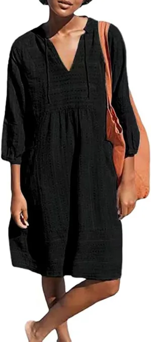 Kubbon Linen Dress Women 3/4 Sleeve V Neck Mini Dresses Loose Beach Dresses with Pockets 2025 Summer Vacation Outfits