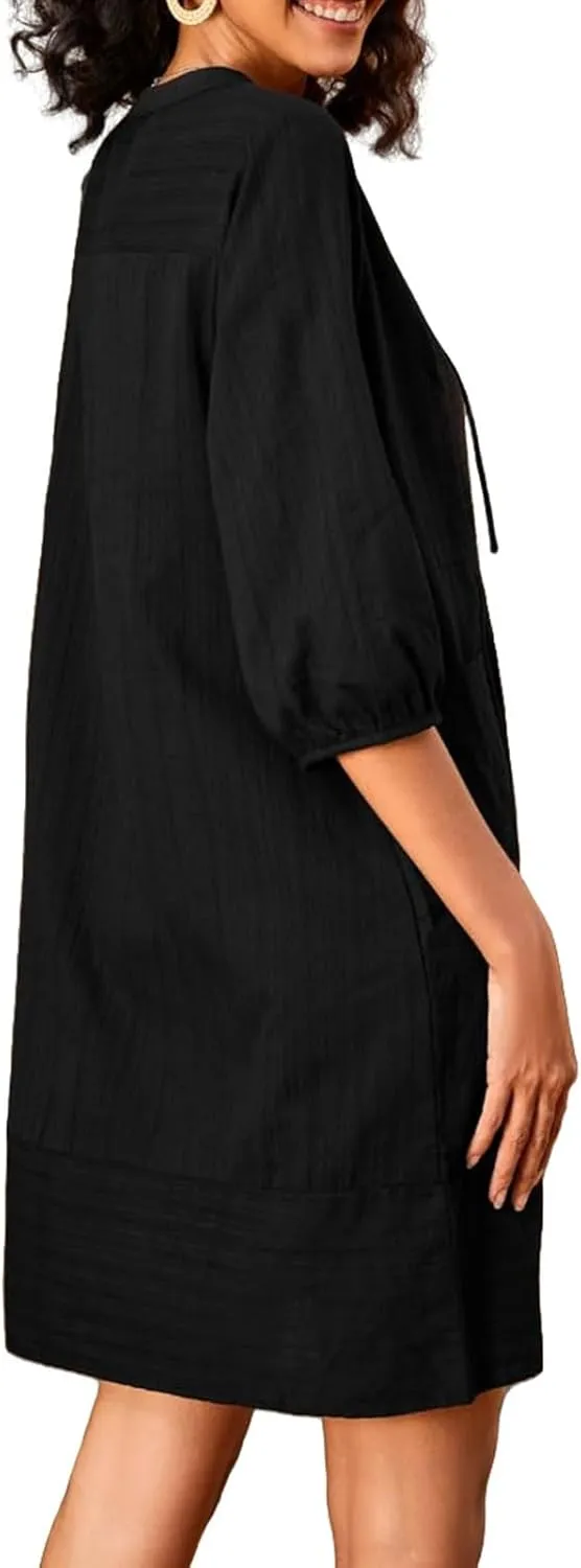 Kubbon Linen Dress Women 3/4 Sleeve V Neck Mini Dresses Loose Beach Dresses with Pockets 2025 Summer Vacation Outfits