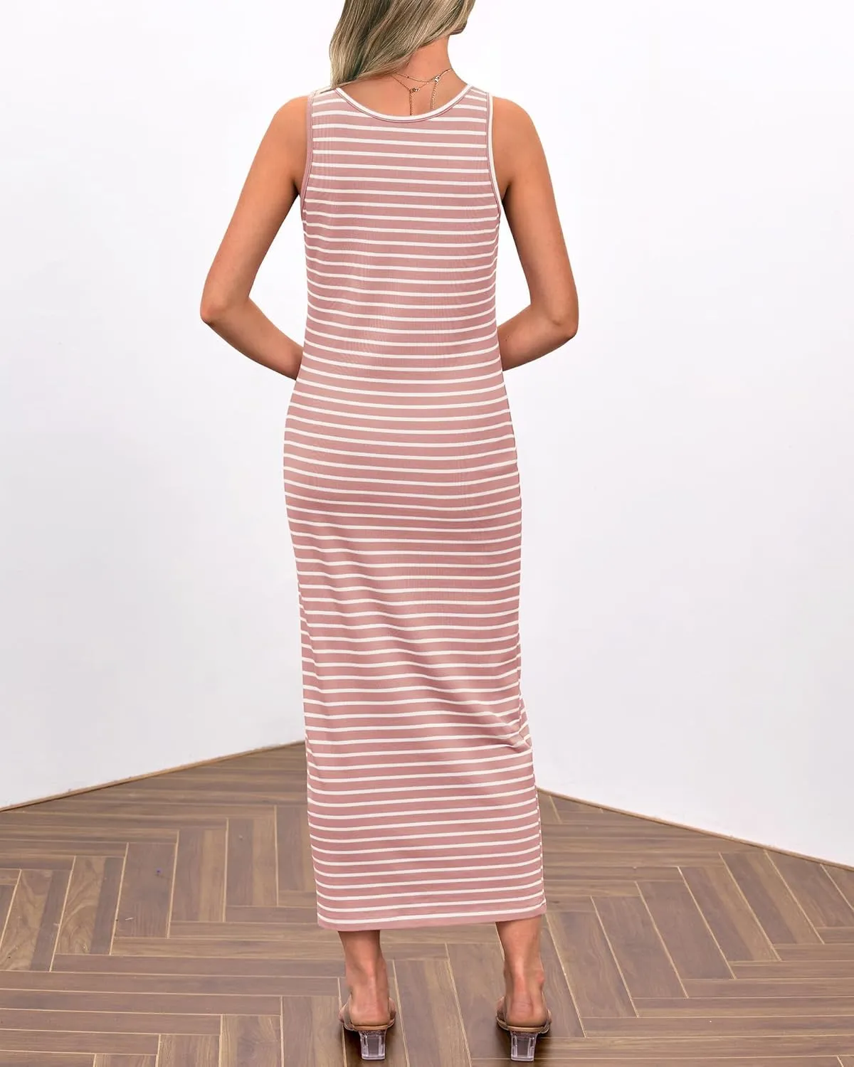 Kubbon Maxi Dresses for Women Sleeveless Striped T Shirt Midi Dress U Neck Bodycon Dresses Side Slit Long Tank Dress
