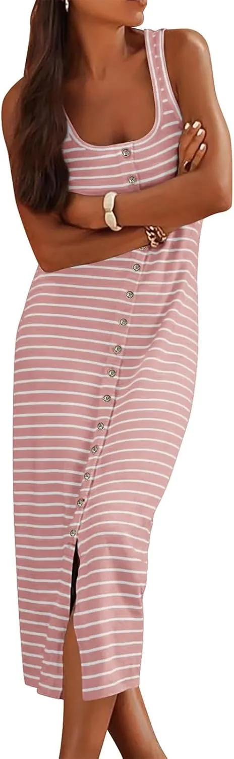 Kubbon Maxi Dresses for Women Sleeveless Striped T Shirt Midi Dress U Neck Bodycon Dresses Side Slit Long Tank Dress