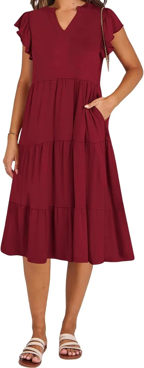 Kubbon Womens Midi Dress Casual Ruffle Sleeve V Neck Dresses Loose Flowy Tiered Boho Beach Vacation Sundress with Pockets
