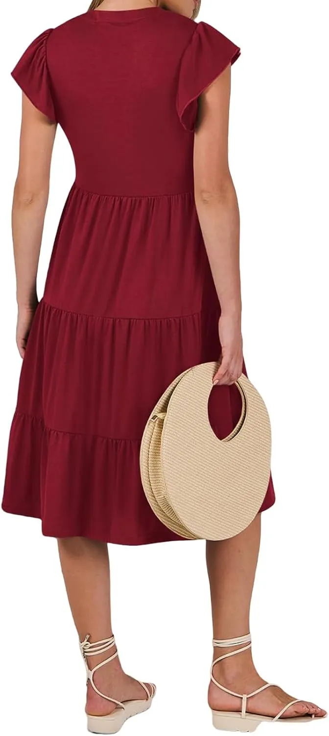 Kubbon Womens Midi Dress Casual Ruffle Sleeve V Neck Dresses Loose Flowy Tiered Boho Beach Vacation Sundress with Pockets