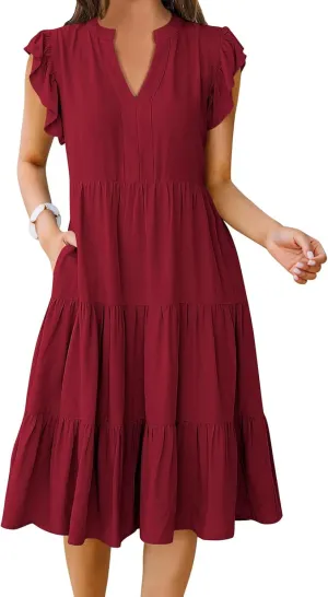 Kubbon Womens Midi Dress Casual Ruffle Sleeve V Neck Dresses Loose Flowy Tiered Boho Beach Vacation Sundress with Pockets