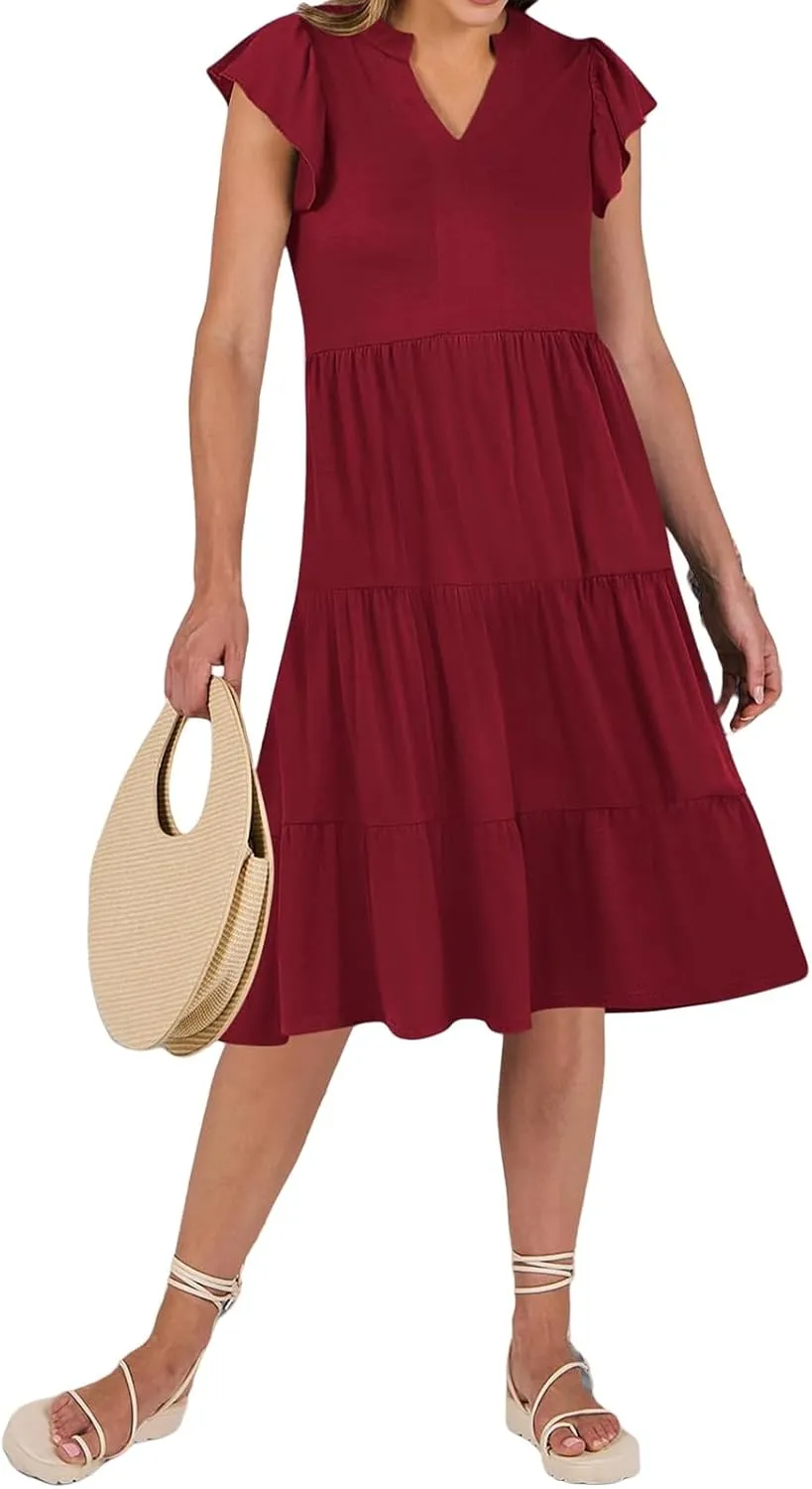 Kubbon Womens Midi Dress Casual Ruffle Sleeve V Neck Dresses Loose Flowy Tiered Boho Beach Vacation Sundress with Pockets
