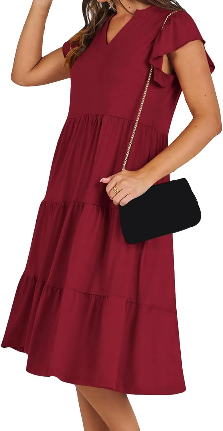 Kubbon Womens Midi Dress Casual Ruffle Sleeve V Neck Dresses Loose Flowy Tiered Boho Beach Vacation Sundress with Pockets