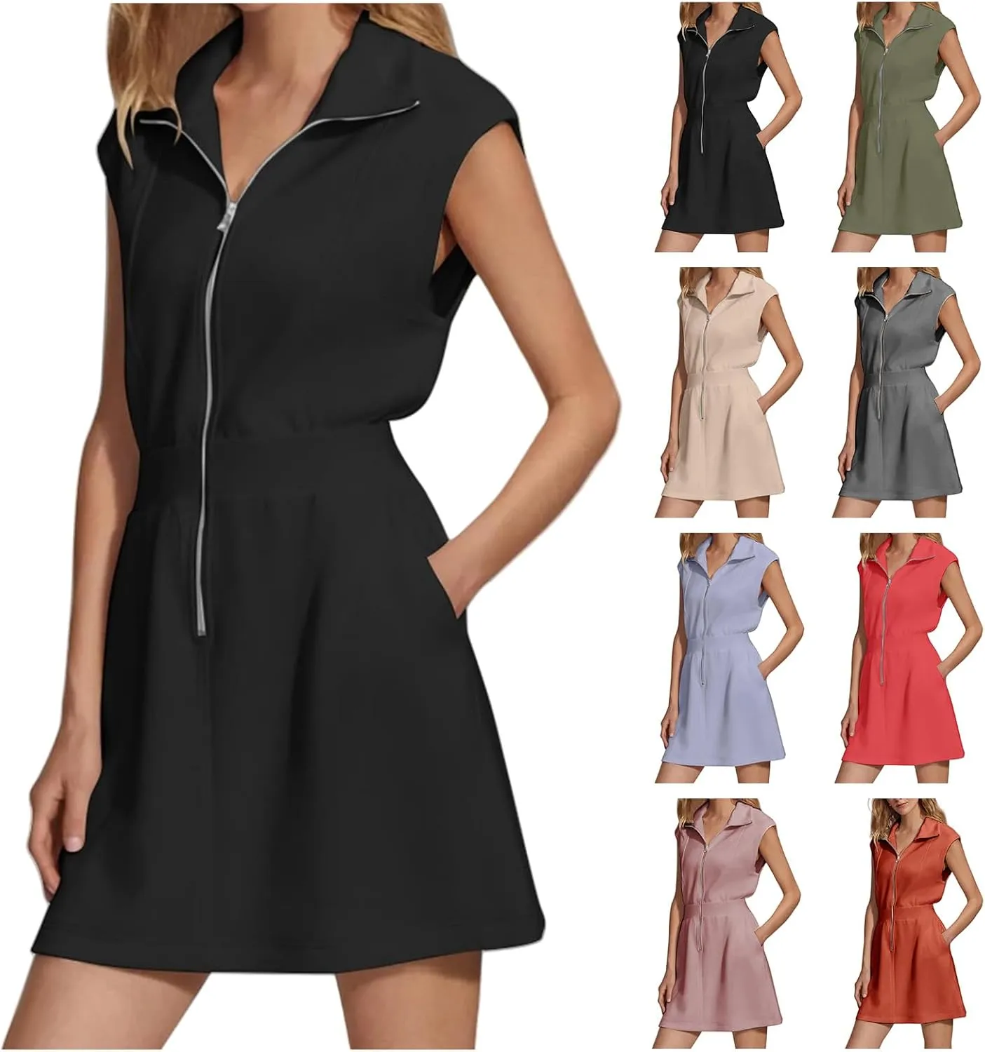 Kubbon Womens Summer Dresses Half Zip Short Sleeve Mini Dress Casual V Neck Sleeveless Pullover Tunic Dresses with Pockets