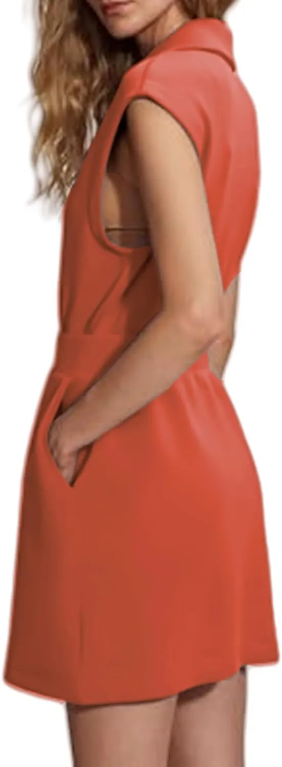 Kubbon Womens Summer Dresses Half Zip Short Sleeve Mini Dress Casual V Neck Sleeveless Pullover Tunic Dresses with Pockets