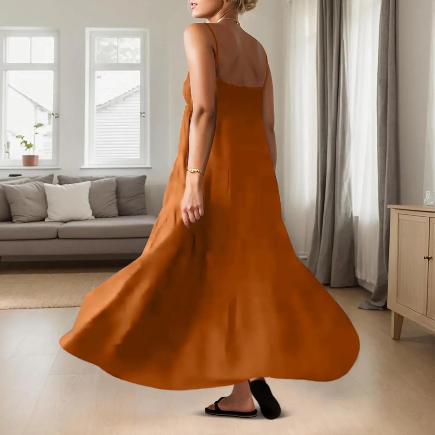 Kubbon Women's Summer Maxi Dress Spaghetti Strap Smocked Maxi Dresses Sleeveless Flowy Boho Beach Dresses Casual Sundress