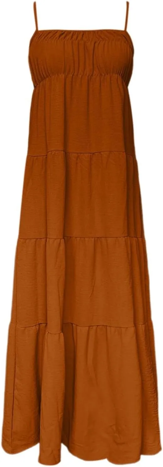 Kubbon Women's Summer Maxi Dress Spaghetti Strap Smocked Maxi Dresses Sleeveless Flowy Boho Beach Dresses Casual Sundress