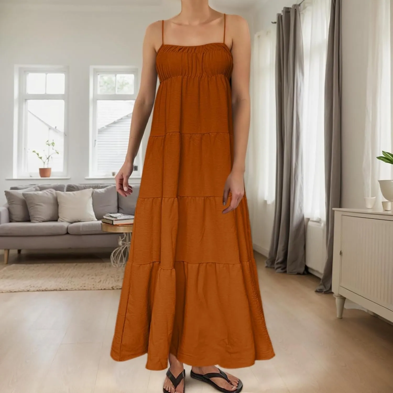 Kubbon Women's Summer Maxi Dress Spaghetti Strap Smocked Maxi Dresses Sleeveless Flowy Boho Beach Dresses Casual Sundress