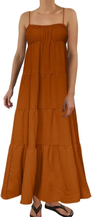 Kubbon Women's Summer Maxi Dress Spaghetti Strap Smocked Maxi Dresses Sleeveless Flowy Boho Beach Dresses Casual Sundress