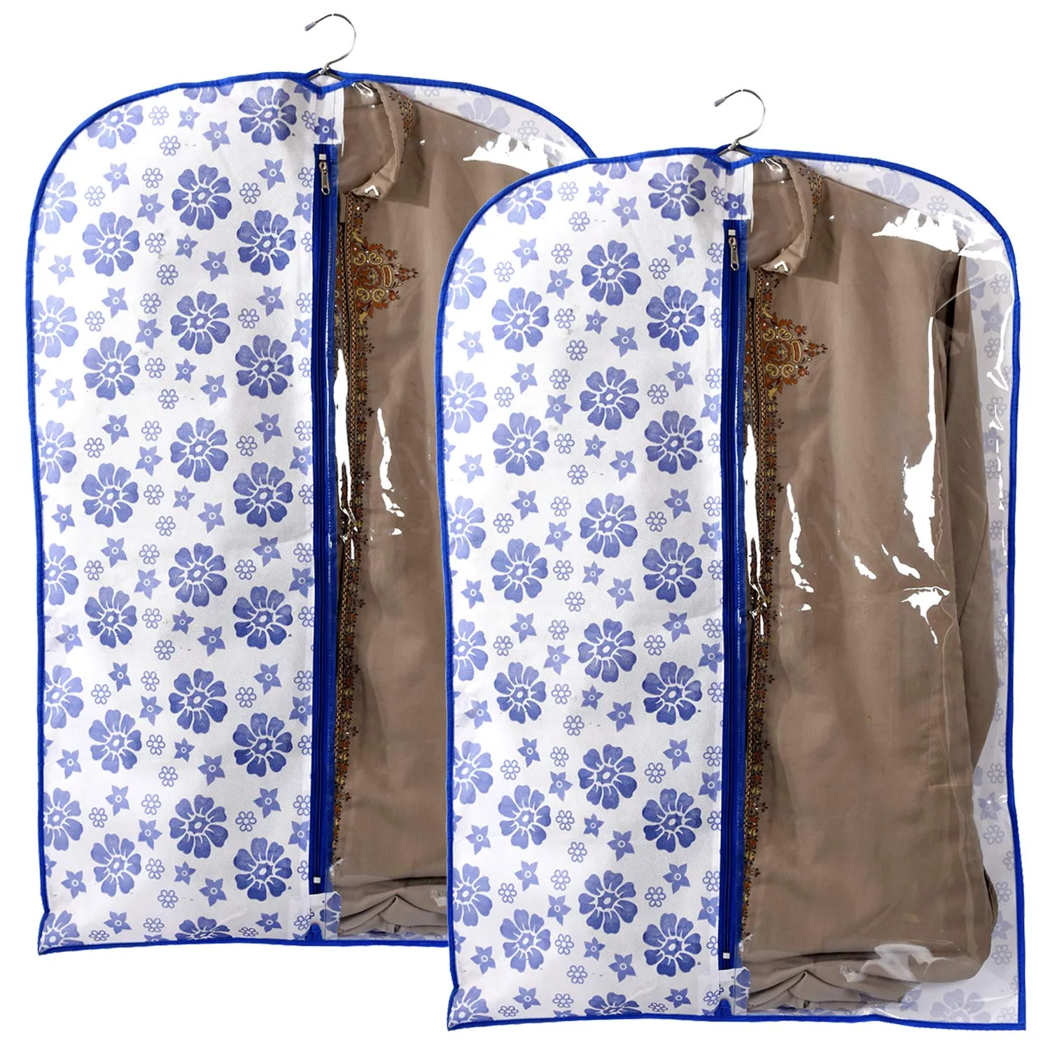 Kuber Industries Exclusive Flower Printed 2 Pieces Half Transparent Non Woven Men's Coat Blazer Cover (Blue) - CTLTC039451