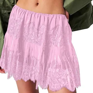 Lace Mini Skirt for Women Summer Lace Trim Flowy Elastic Waist Layered Pleat Skirts Solid Flowy Irregular Hem Skort