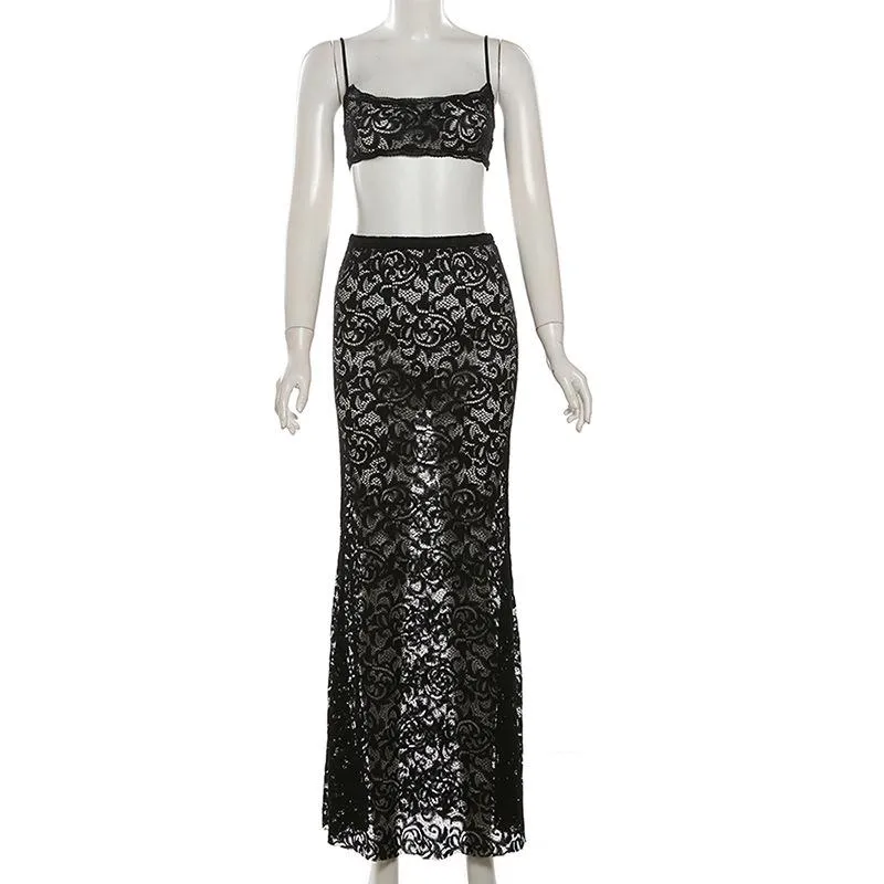 Lace see through u neck backless cami maxi skirt set