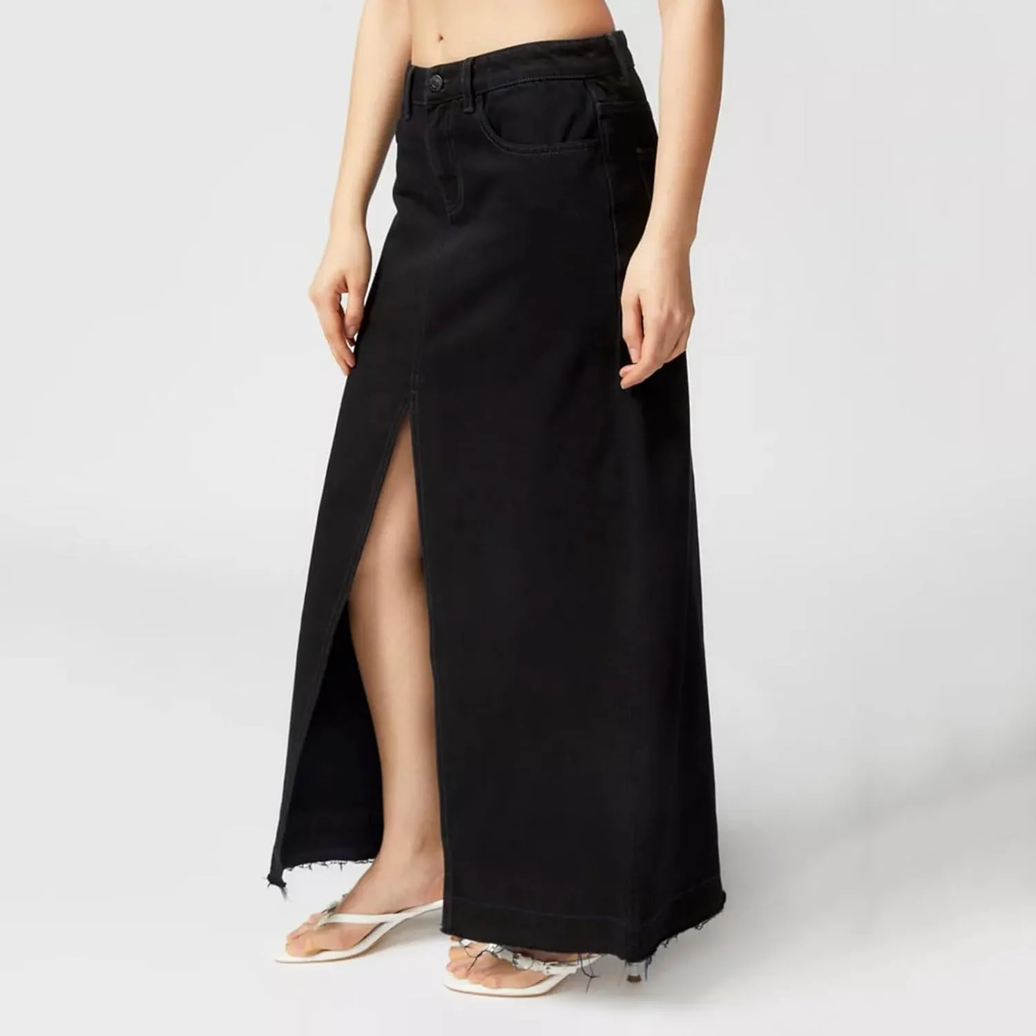 Ladies Casual High Waist Denim Maxi Skirt Slit Front Asymmetric Trim Long Denim Skirt Streetwear Mid Length Skirt