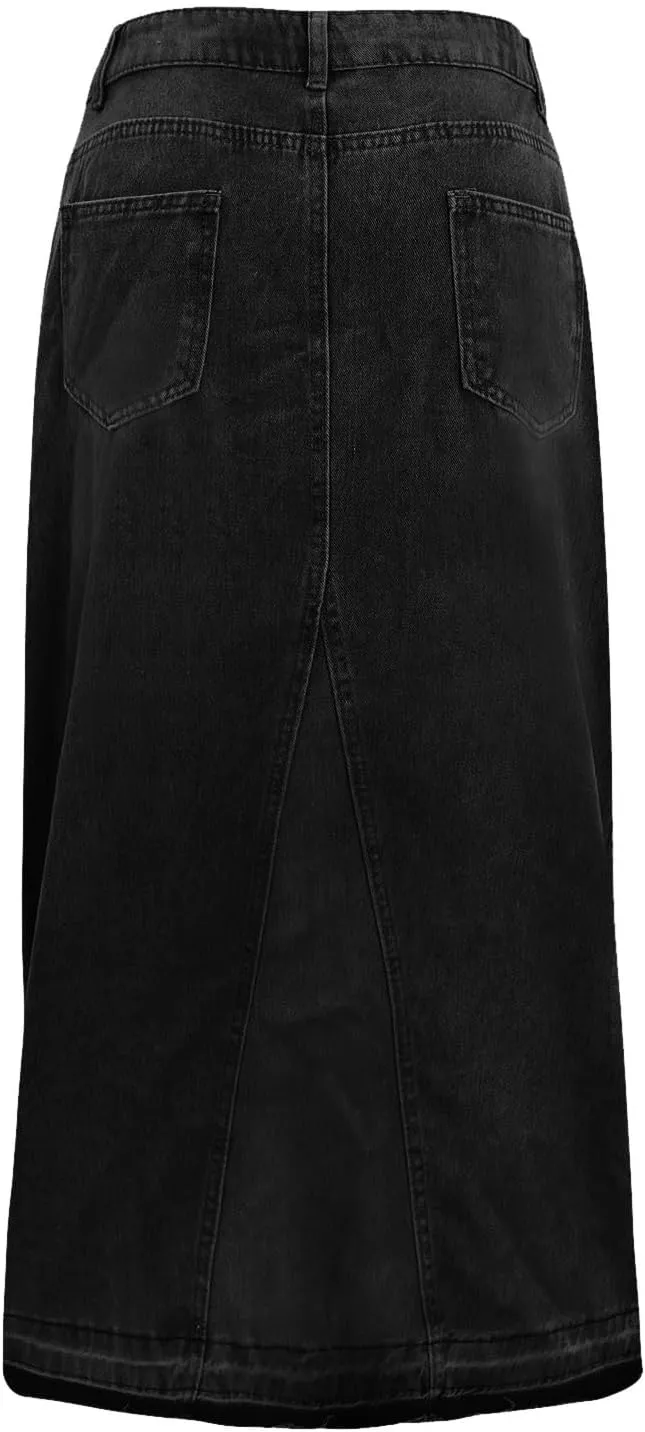 Ladies Casual High Waist Denim Maxi Skirt Slit Front Asymmetric Trim Long Denim Skirt Streetwear Mid Length Skirt