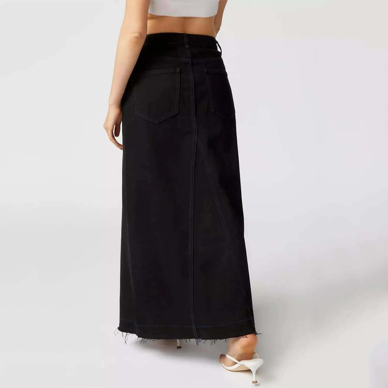 Ladies Casual High Waist Denim Maxi Skirt Slit Front Asymmetric Trim Long Denim Skirt Streetwear Mid Length Skirt