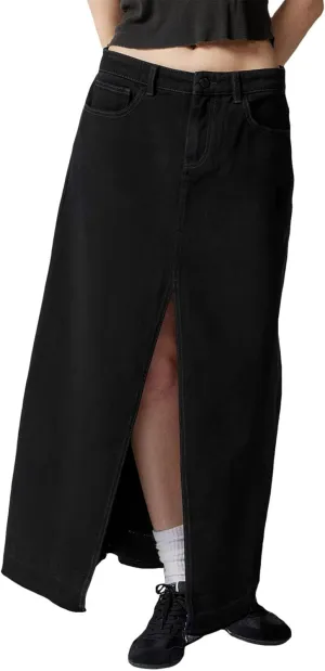 Ladies Casual High Waist Denim Maxi Skirt Slit Front Asymmetric Trim Long Denim Skirt Streetwear Mid Length Skirt