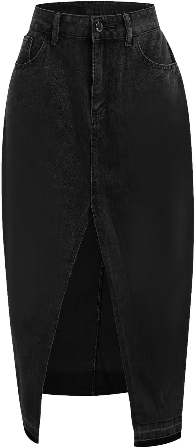 Ladies Casual High Waist Denim Maxi Skirt Slit Front Asymmetric Trim Long Denim Skirt Streetwear Mid Length Skirt