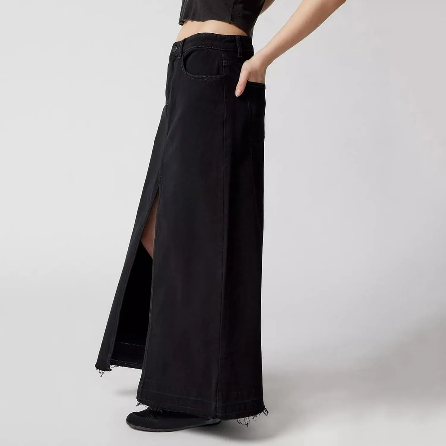 Ladies Casual High Waist Denim Maxi Skirt Slit Front Asymmetric Trim Long Denim Skirt Streetwear Mid Length Skirt