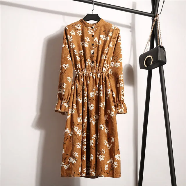 Ladies Floral Long Sleeve Casual Mid Dress Women's