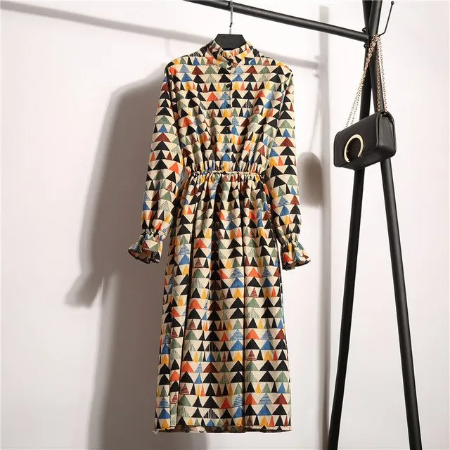 Ladies Floral Long Sleeve Casual Mid Dress Women's