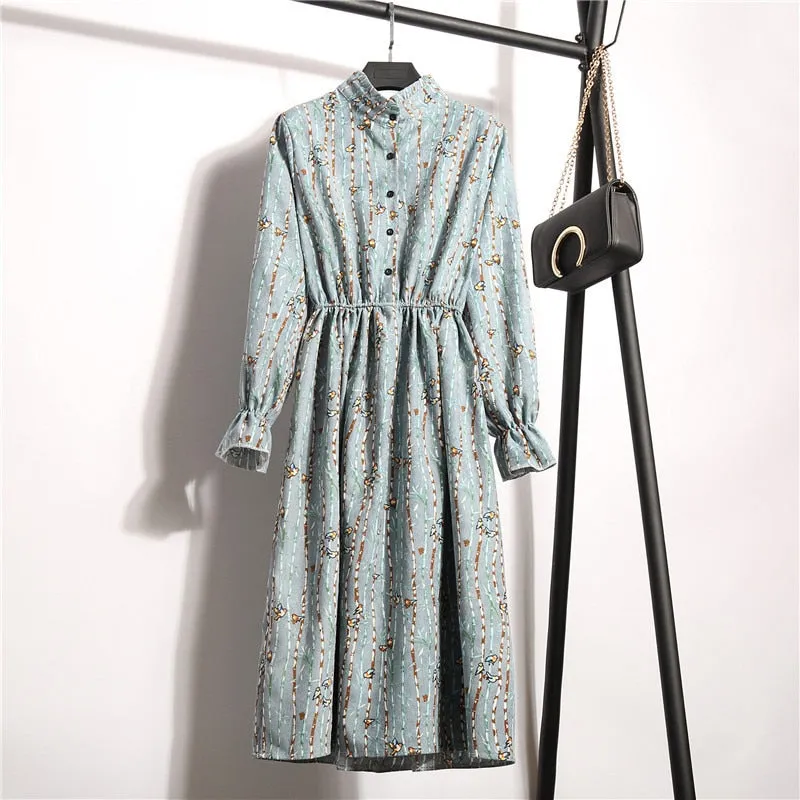 Ladies Floral Long Sleeve Casual Mid Dress Women's