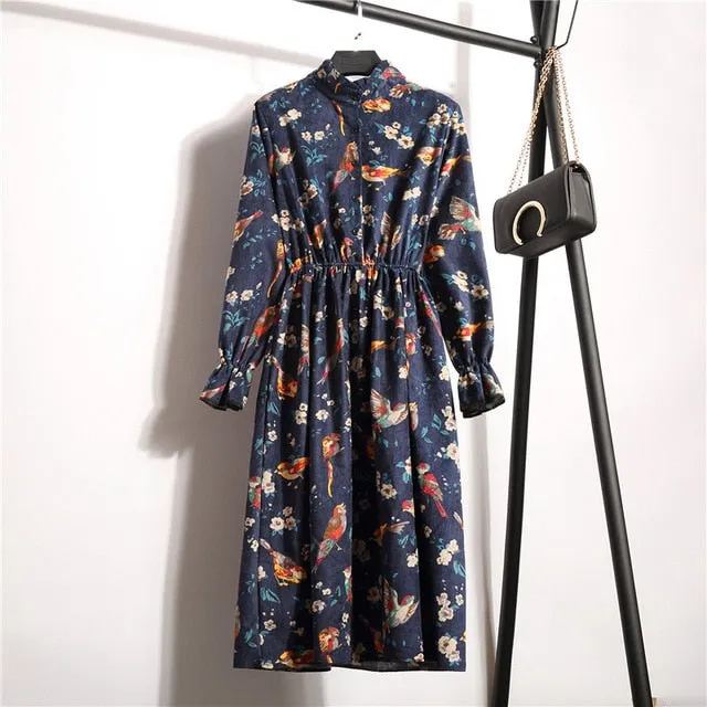 Ladies Floral Long Sleeve Casual Mid Dress Women's