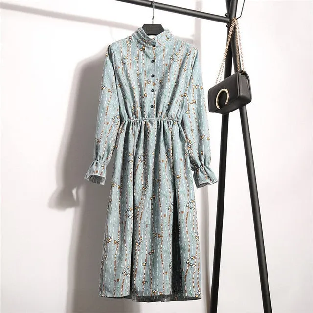 Ladies Floral Long Sleeve Casual Mid Dress Women's