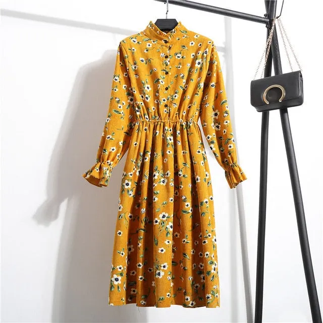 Ladies Floral Long Sleeve Casual Mid Dress Women's