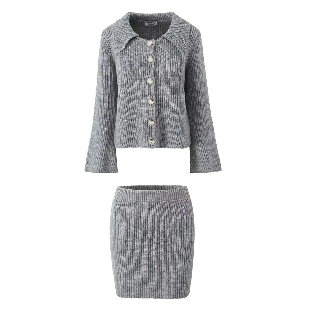 Lapel Cardigan Elastic Waist Mini Skirt Suits