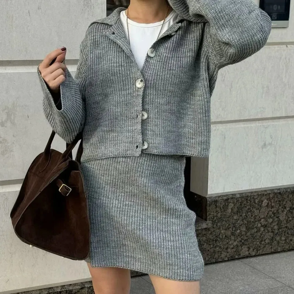 Lapel Cardigan Elastic Waist Mini Skirt Suits