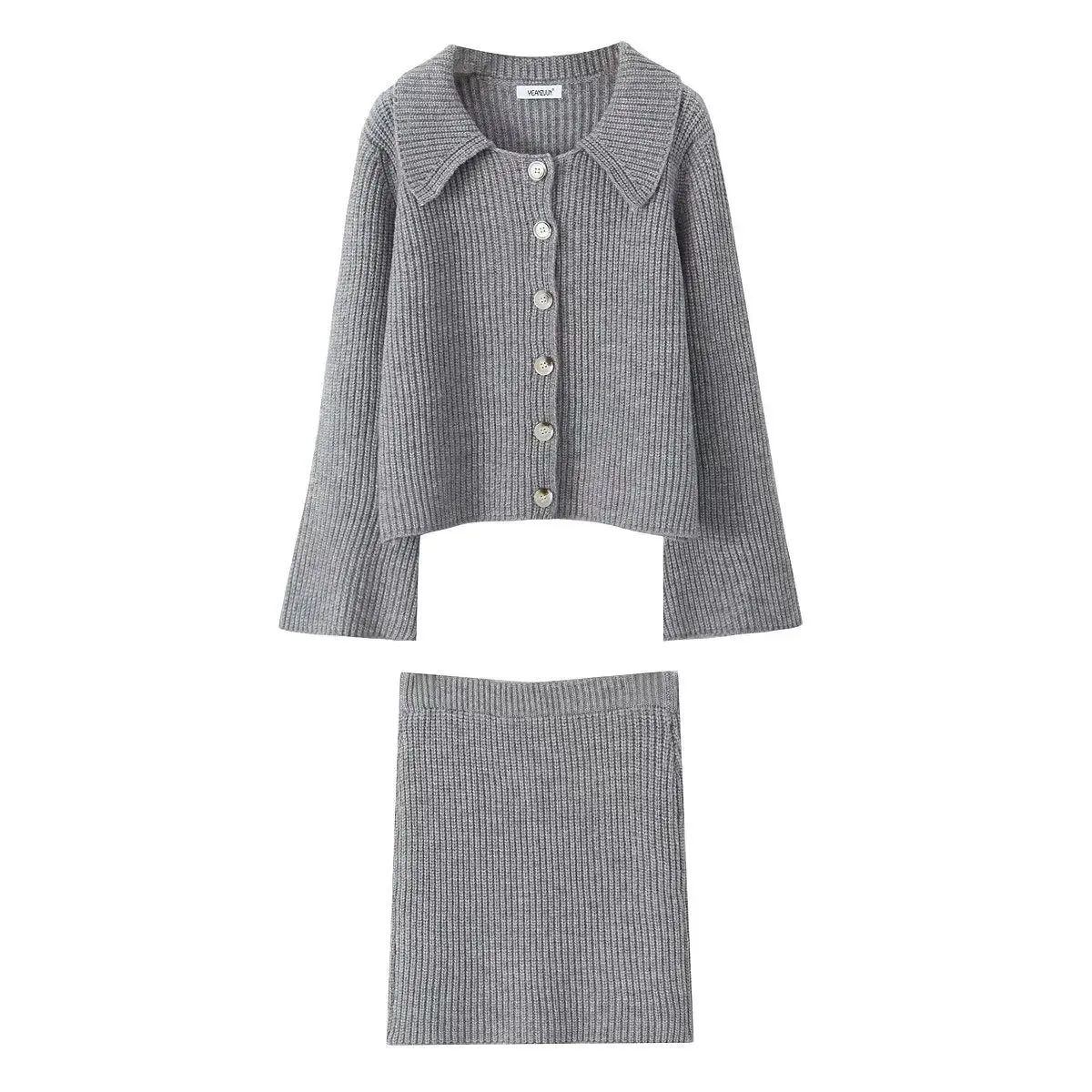 Lapel Cardigan Elastic Waist Mini Skirt Suits