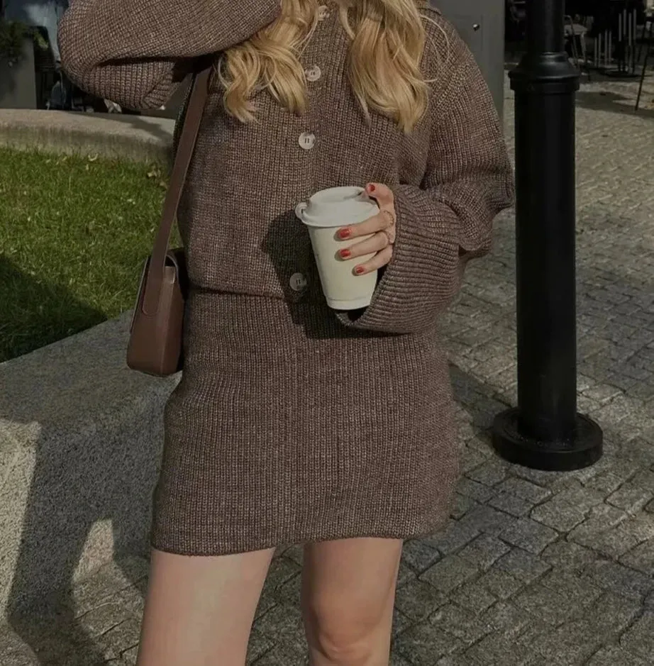 Lapel Cardigan Elastic Waist Mini Skirt Suits