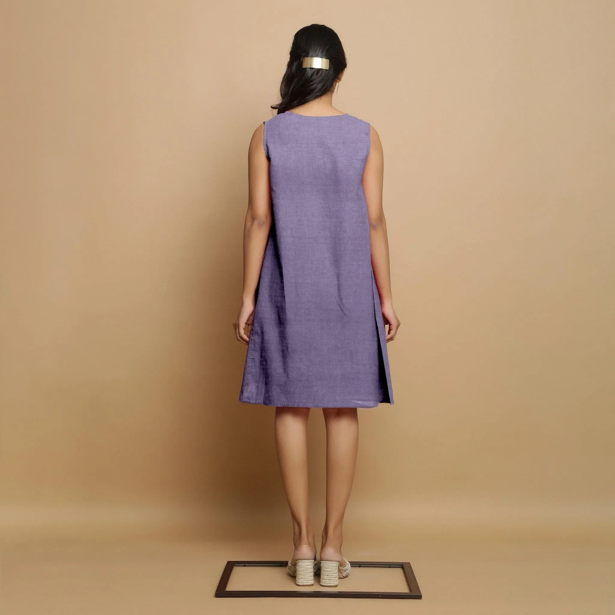 Lavender Linen Embroidered Knee-Length Godet Dress