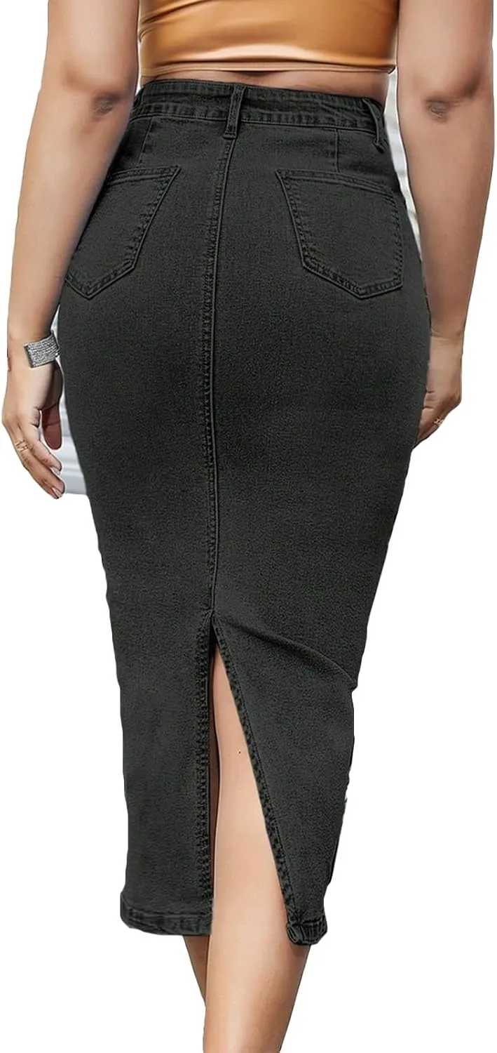 lcyhony Jean Skirts for Women Denim Stretchy High Waist Tummy Control Long Skirts Bodycon Back Slit Pencil Skirt with Pockets