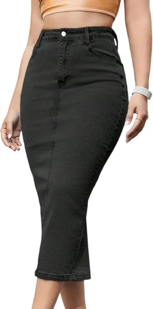 lcyhony Jean Skirts for Women Denim Stretchy High Waist Tummy Control Long Skirts Bodycon Back Slit Pencil Skirt with Pockets